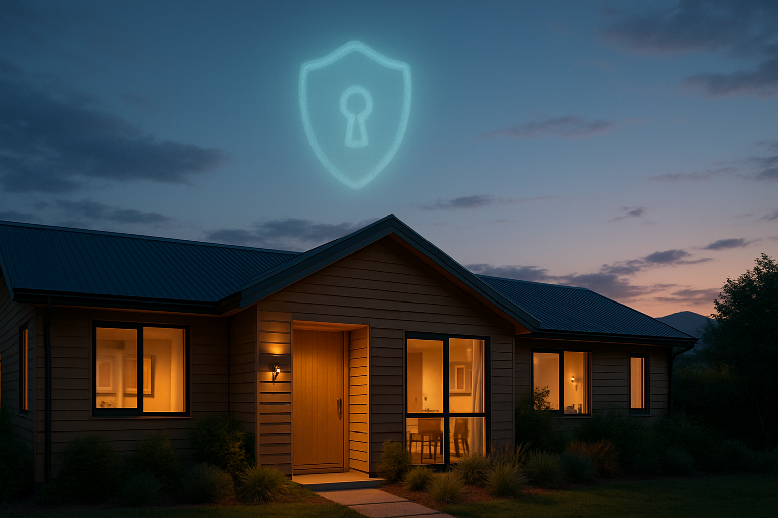 A New Zealand house at dusk beneath a glowing security shield