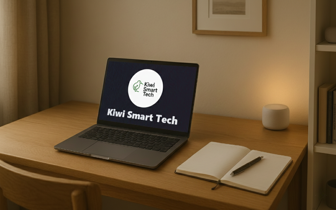 The Kiwi Smart Tech logo on an ultraviolet background