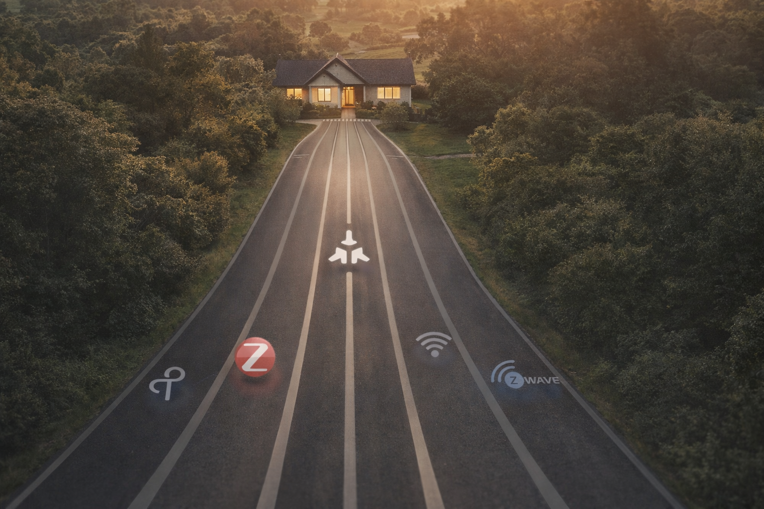 Smart home protocol lanes converging toward a house