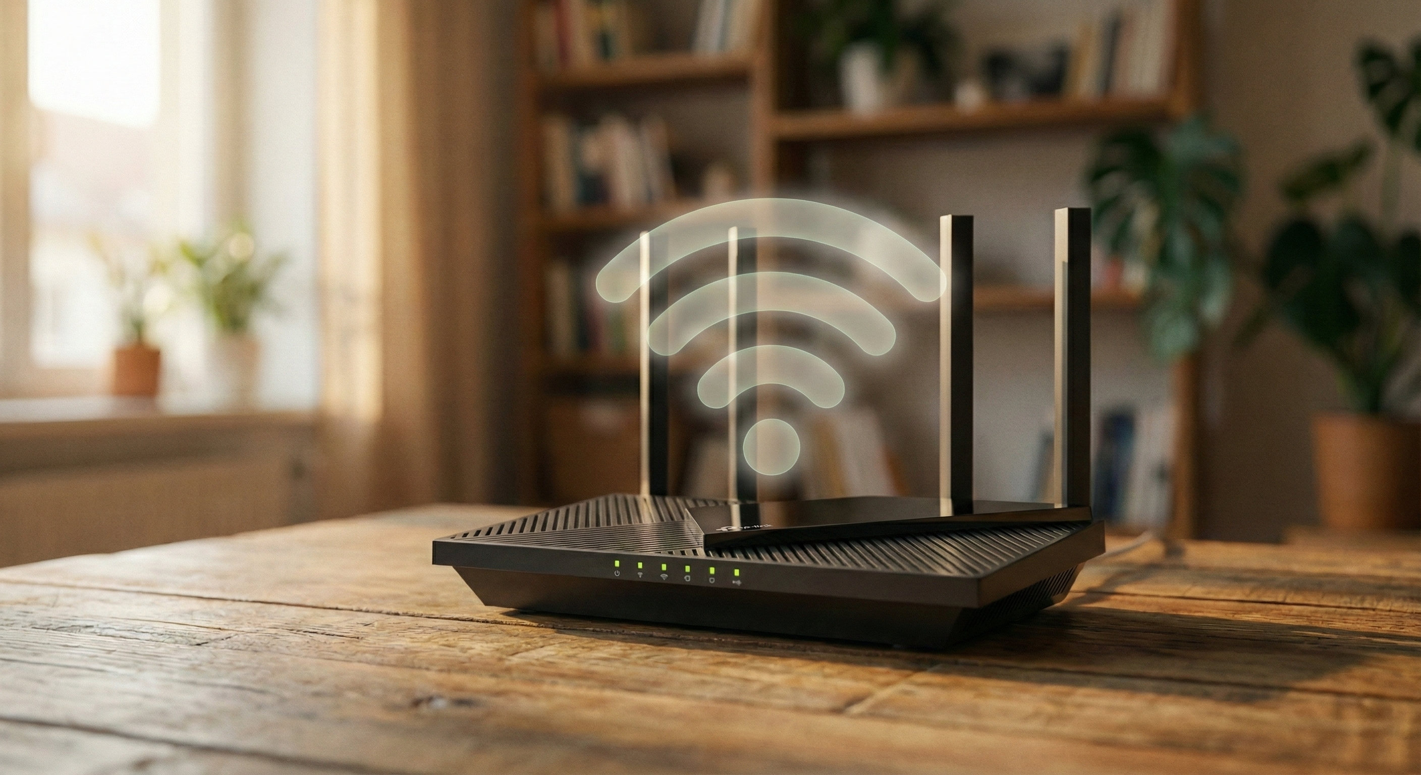 A wireless router on a table with a glowing Wi-Fi symbol